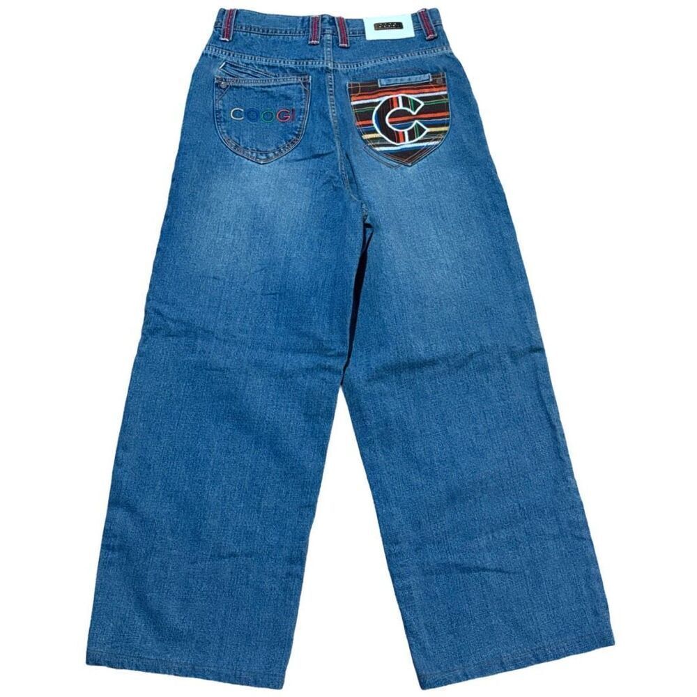 Vintage Coogi Y2K Wide Leg Embroidered Pocket Denim Blue Jeans size 20